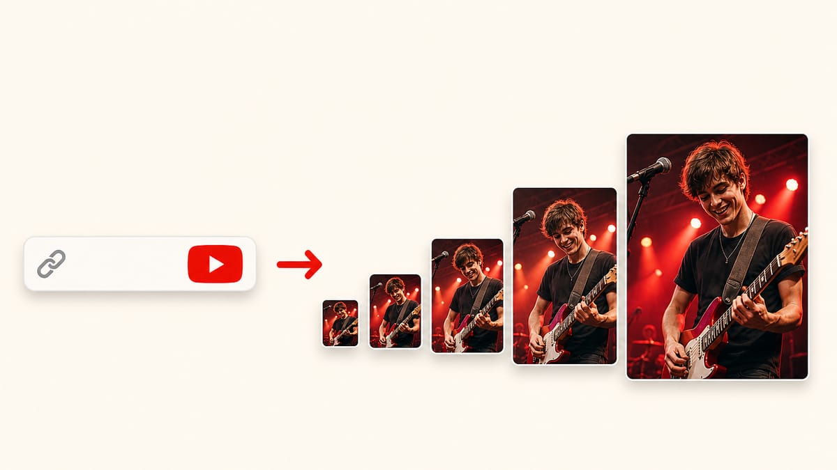 A YouTube link turning into the same thumbnail shown at five different sizes